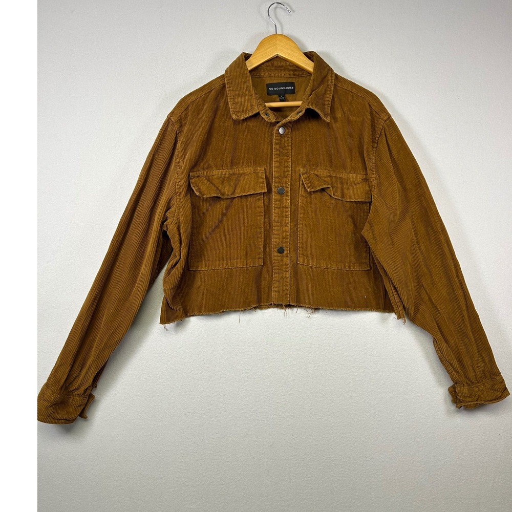 Boho Indie No Boundaries Women M Brown Cropped Corduroy Raw Hem Shacket Jacket